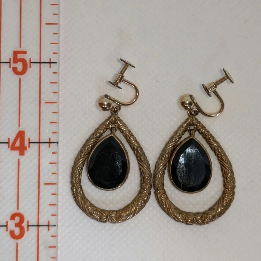 Stephen Dweck Black Onyx Etched Bronze Gold Teardrop Dangle Clip GF Earrings - Picture 7 of 7
